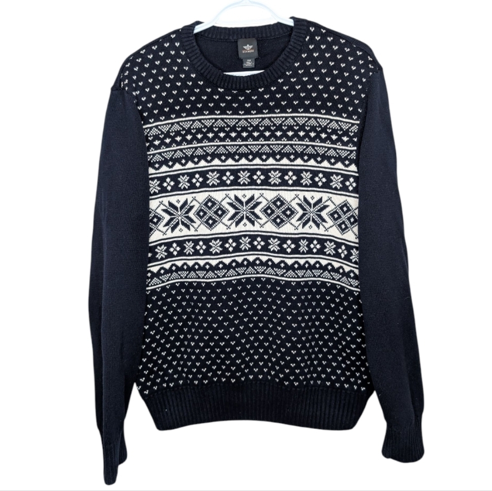 Dockers Men's Medium Knit Navy White Snowflake Winter Sweater Christmas Office